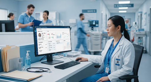 Clinical workstation running the MedOS interface at Top Care Hospital