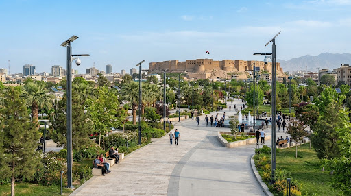 Public park with lighting and audio installations